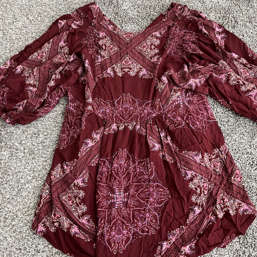 Free People Paisley Balloon Sleeve Burgundy Boho Tunic - Picture 5 of 5
